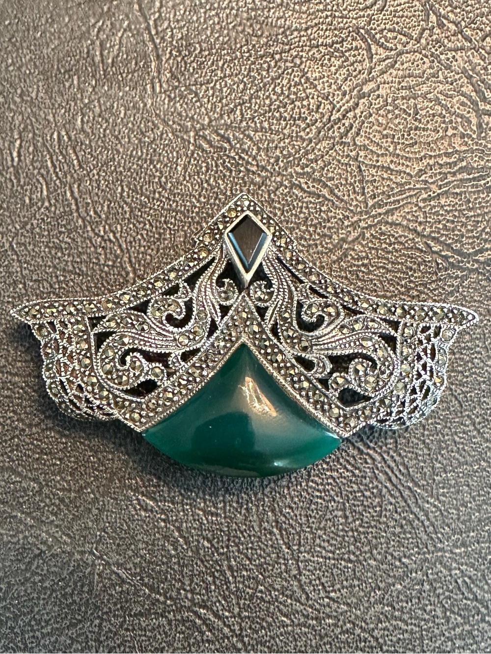 Silver Filigree Marcasite Brooch/Necklace with Green and Black Stones